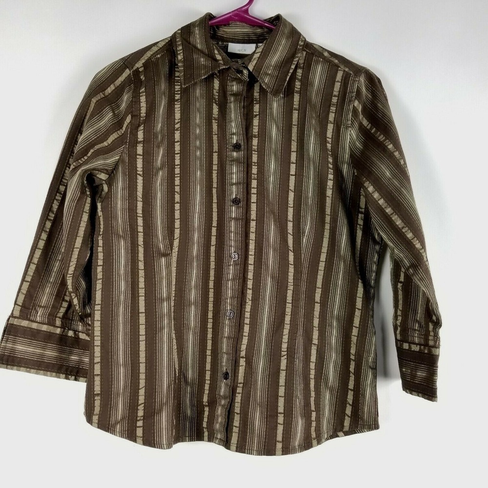Apt 9 Women's Button‎ Up Top Size S Stretch Brown Metallic Striped Shirt Blouse